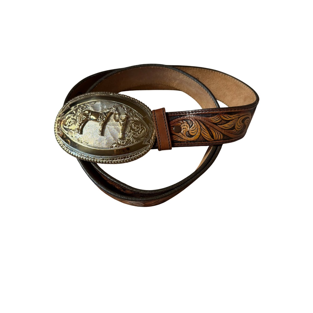 Sheplers Mens Brown Tooled Leather Western Belt Oversized Horse Trophy Buckle - Picture 7 of 9